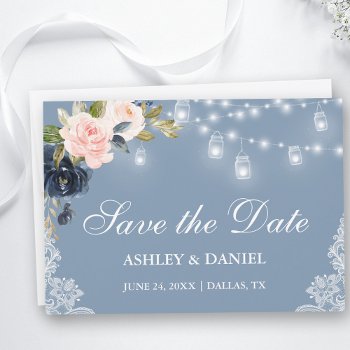 Dusty Blue Pink Floral Lights Lace Save The Date by SugarandSpicePaperCo at Zazzle