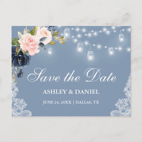 Dusty Blue Pink Floral Lights Lace Save the Date Announcement Postcard