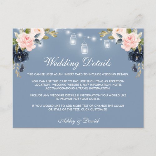 Dusty Blue Pink Floral Lights Wedding Details Card