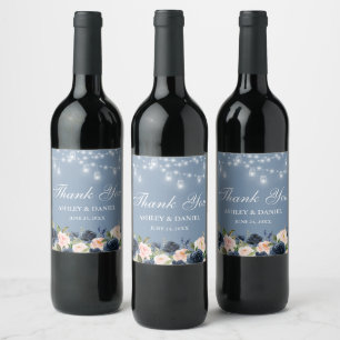 Dusty Blue Pink Floral Lights Wedding Thank You Wine Label