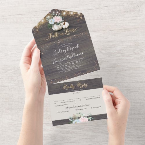 Dusty Blue Pink Floral Pumpkin Rustic Fall Wedding All In One Invitation