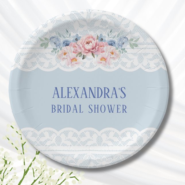 Dusty Blue Pink Floral Romantic Lace Bridal Shower Paper Plates (Creator Uploaded)