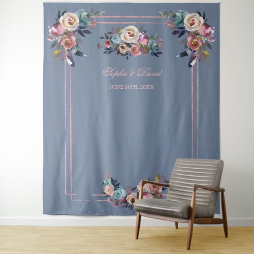 Dusty Blue Pink Floral Rose Gold Photo Booth Prop Tapestry