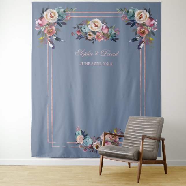 Dusty Blue Pink Floral Rose Gold Photo Booth Prop Tapestry (In Situ)