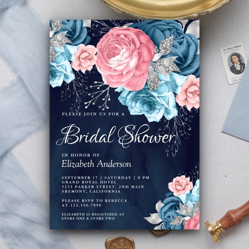 Dusty Blue Pink Floral Rose Navy Bridal Shower Invitation