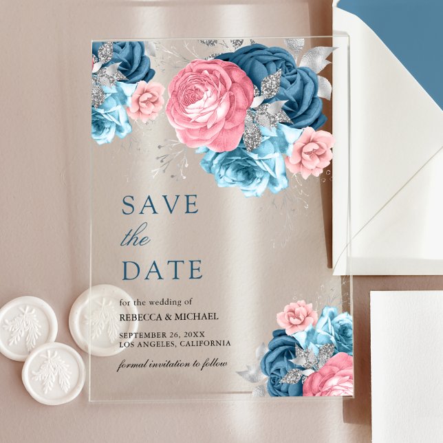 Dusty Blue Pink Floral Rose Wedding Save the Date Acrylic Invitations (Creator Uploaded)