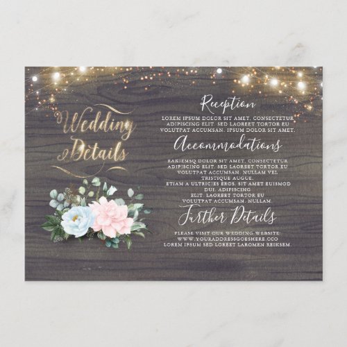 Dusty Blue Pink Floral Rustic Wedding Details Enclosure Card