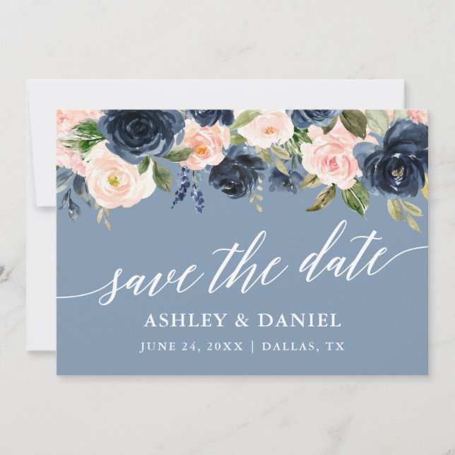 Dusty Blue Pink Floral Save The Date Card (Front)