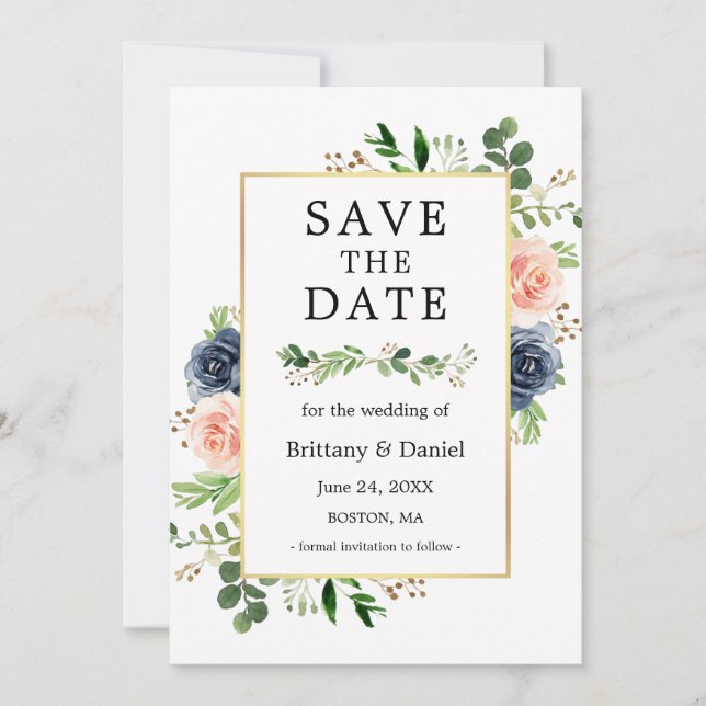 Dusty Blue Pink Floral Save The Date Card (Front)