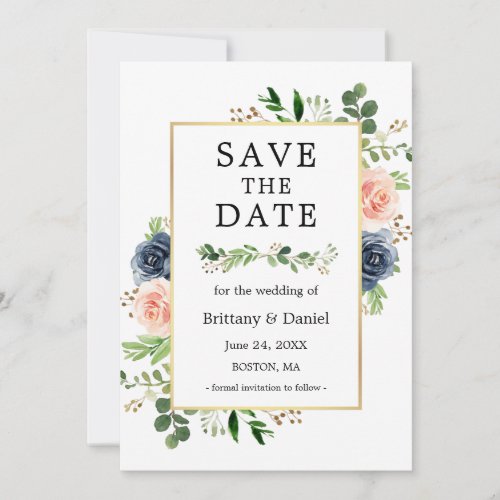 Dusty Blue Pink Floral Save The Date Card