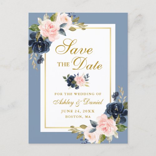 Dusty Blue Pink Floral Save the Date Gold Announcement Postcard