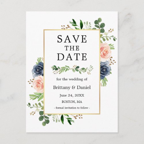 Dusty Blue Pink Floral Save The Date Postcard