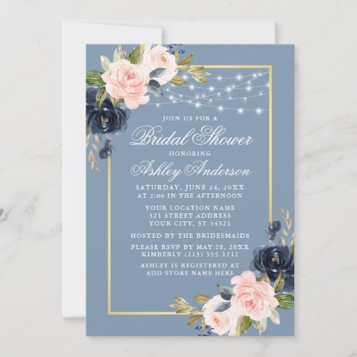 Dusty Blue Pink Floral String Lights Bridal Shower Invitation