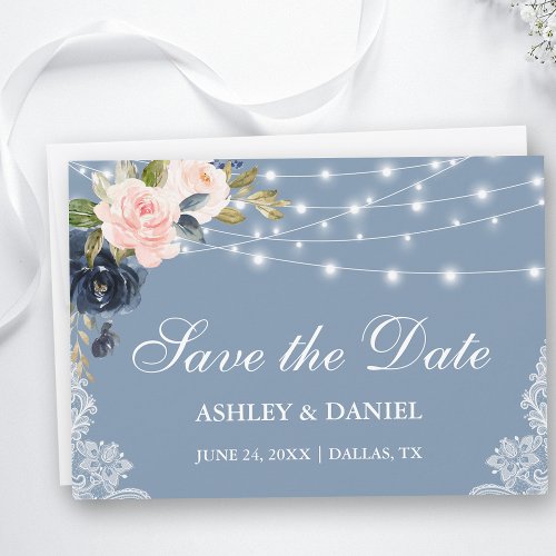 Dusty Blue Pink Floral String Lights Lace Save The Date