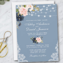 Dusty Blue Pink Floral String Lights Lace Wedding Invitation