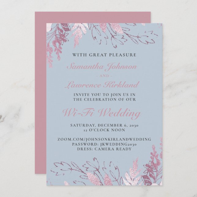 Dusty Blue Pink Floral Virtual Wedding  Invitation (Front/Back)
