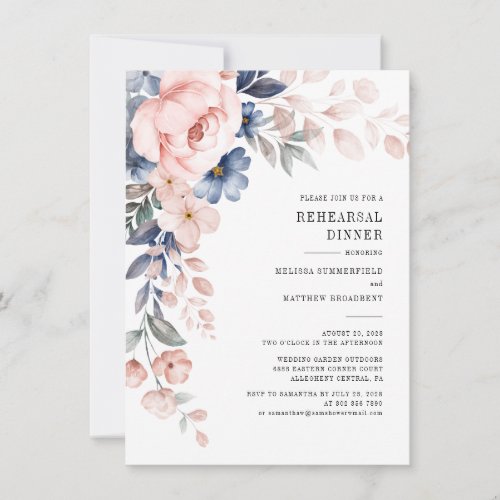 Dusty Blue Pink Floral Watercolor Rehearsal Dinner Invitation