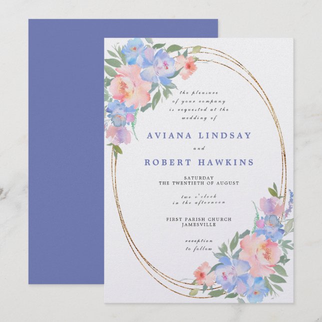 Dusty Blue Pink Floral Watercolor Wedding Invitation (Front/Back)
