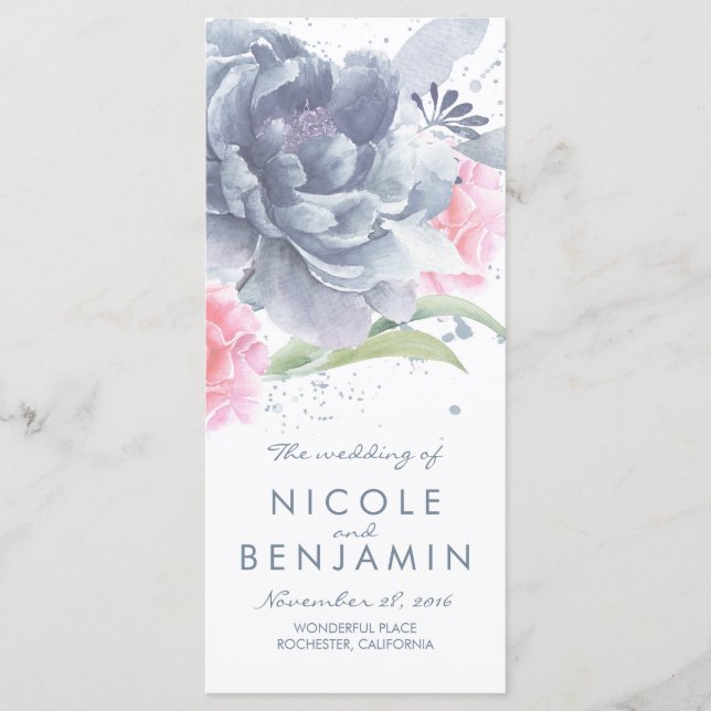 Dusty Blue Pink Floral Watercolor Wedding Programs (Front)