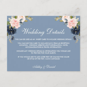 Dusty Blue Pink Floral Wedding Details Insert Card