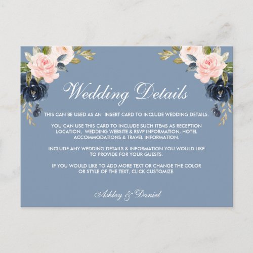 Dusty Blue Pink Floral Wedding Details Insert Card