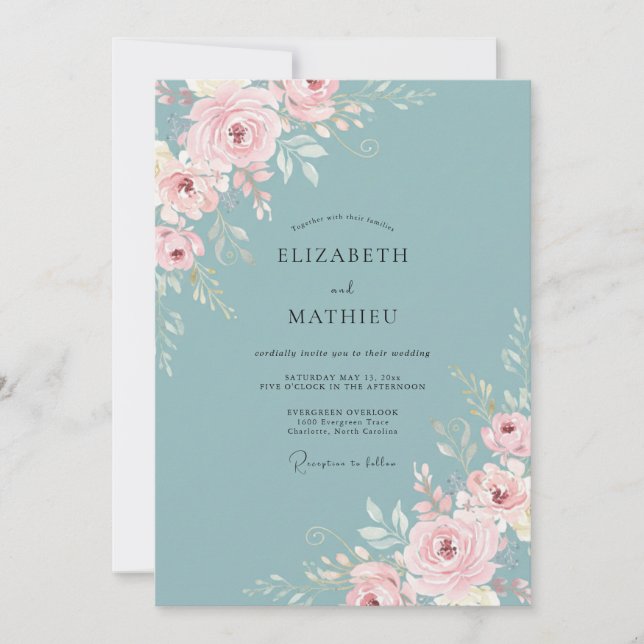 Dusty Blue Pink Floral Wedding Invitation (Front)