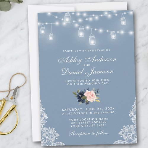 Dusty Blue Pink Floral Wedding Lace Lights Invitation