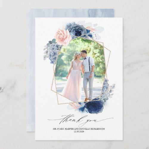 Dusty Blue Pink Floral Wedding Thank You Photo