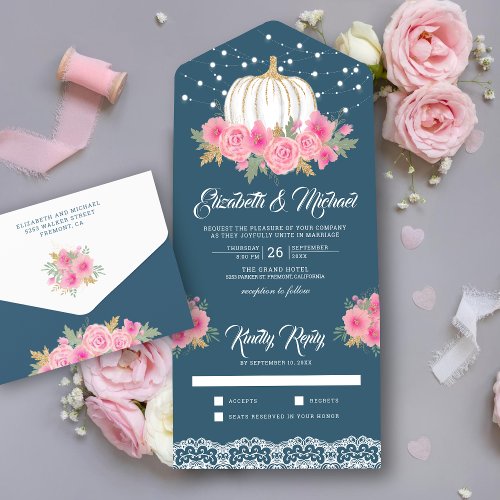 Dusty Blue Pink Floral White Pumpkin Wedding All In One Invitation