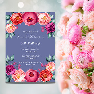 Dusty blue pink florals luxury birthday invitation