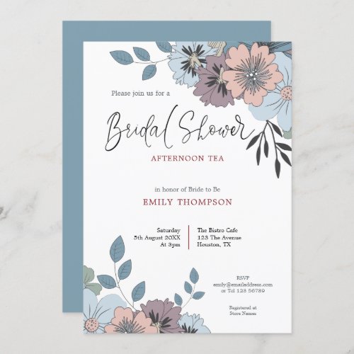 Dusty Blue Pink Florals Script Bridal Shower Tea Invitation