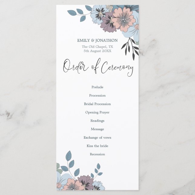 Dusty Blue Pink Florals Stylish Script Wedding Program (Front)