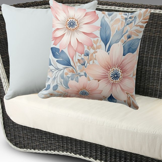Dusty Blue Pink Flowers Beige Boho Floral Throw Pillow (Creator Uploaded)