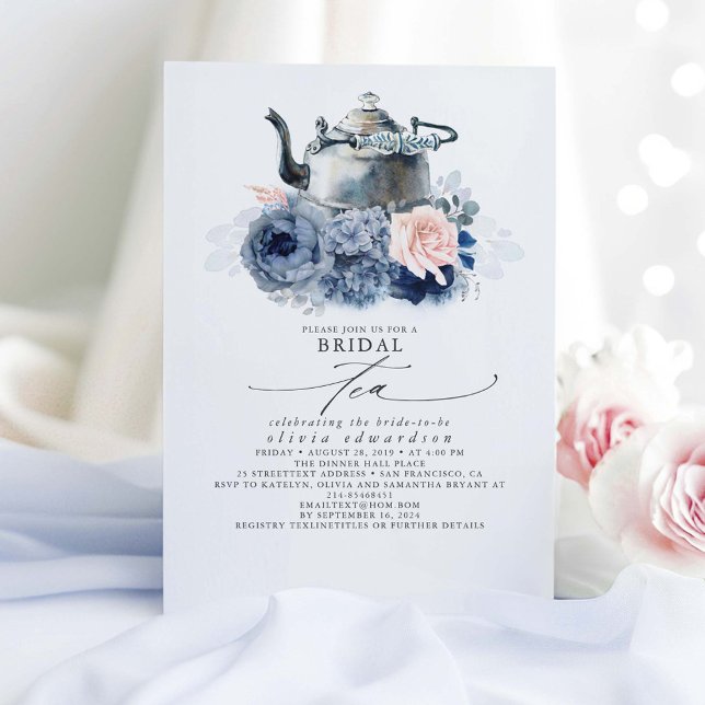 Dusty Blue Pink Flowers Elegant Bridal Shower Tea Invitation (Bridal Tea Party Elegant Bridal Shower Invitations With Dusty Blue and Pink Flowers)