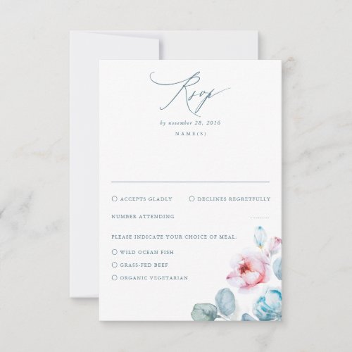 Dusty Blue Pink Flowers Elegant Dreamy Wedding RSVP Card