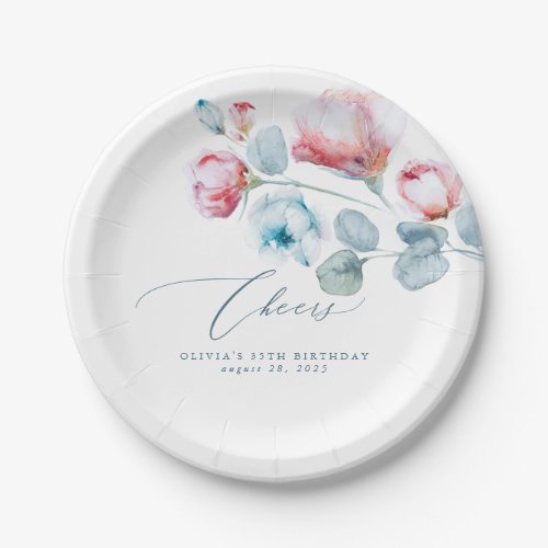 Dusty Blue Pink Flowers Elegant Romantic Paper Plates