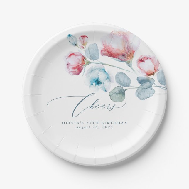 Dusty Blue Pink Flowers Elegant Romantic Paper Plates (Front)