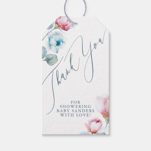 Dusty Blue Pink Flowers Elegant Thank You Gift Gift Tags