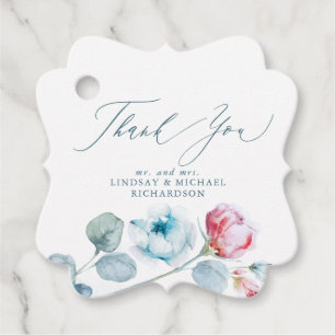 Dusty Blue Pink Flowers Elegant Wedding Thank You Favor Tags