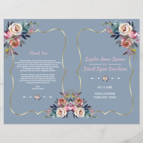 Dusty Blue Pink Flowers Gold Frame Wedding Program