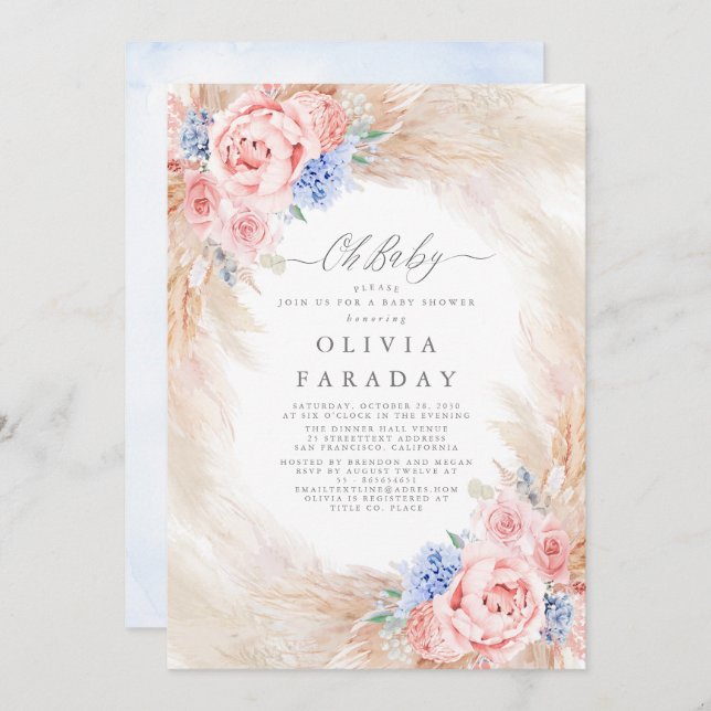 Dusty Blue Pink Flowers Pampas Grass Baby Shower Invitation (Front/Back)