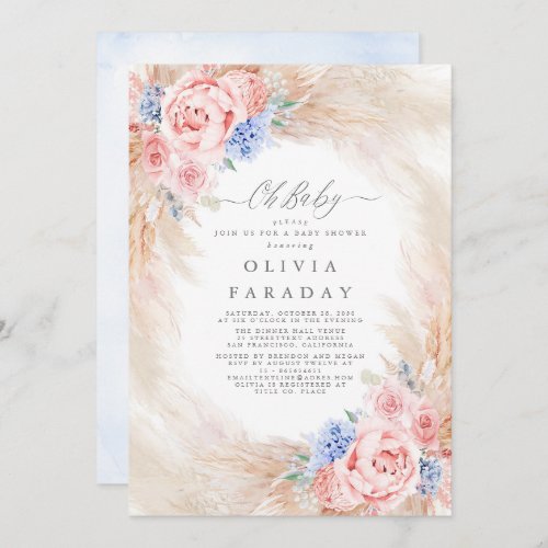 Dusty Blue Pink Flowers Pampas Grass Baby Shower Invitation
