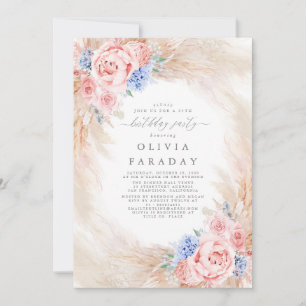 Dusty Blue Pink Flowers Pampas Grass Birthday Invitation