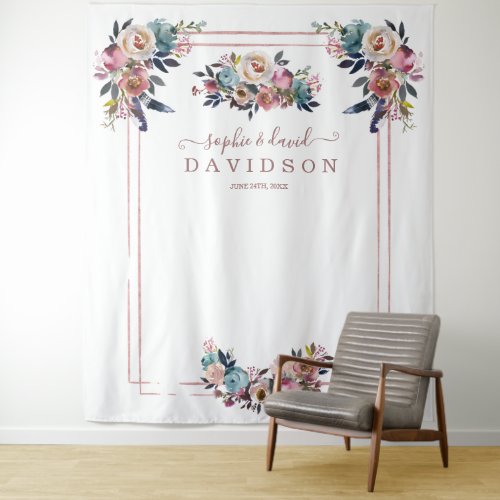 Dusty Blue Pink Flowers Rose Gold Photo Booth Tapestry