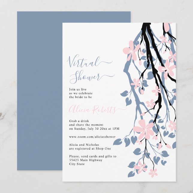 Dusty blue, pink flowers virtual bridal shower invitation (Front/Back)
