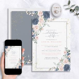 Dusty Blue Pink Gold Floral Celebration of Life Invitation