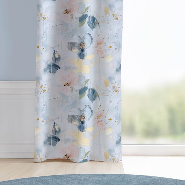 Dusty Blue Pink Gold Floral Modern Painted Blackout Curtains (Dusty Blue Floral Painted Curtains)