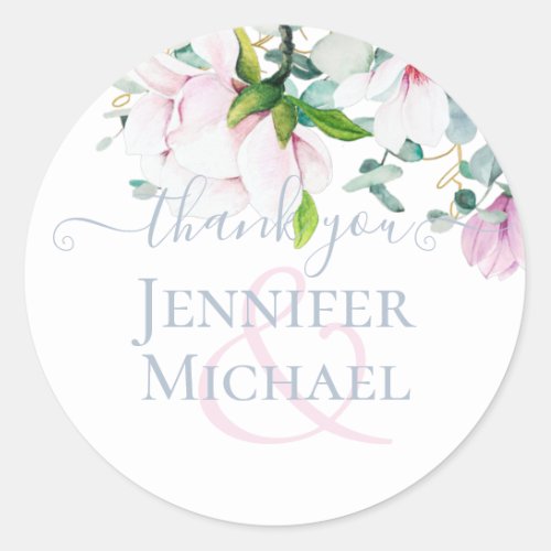 Dusty Blue Pink Magnolias Eucalyptus ThankYou Classic Round Sticker