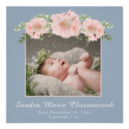 Dusty Blue Pink New Baby Girl Shower Nursery  Post Poster