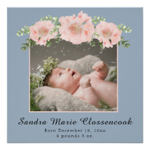 Dusty Blue Pink New Baby Girl Shower Nursery  Poster